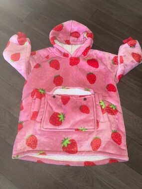Cozy Pink soft plush fleece Strawberry Hooded Lounge Pullover